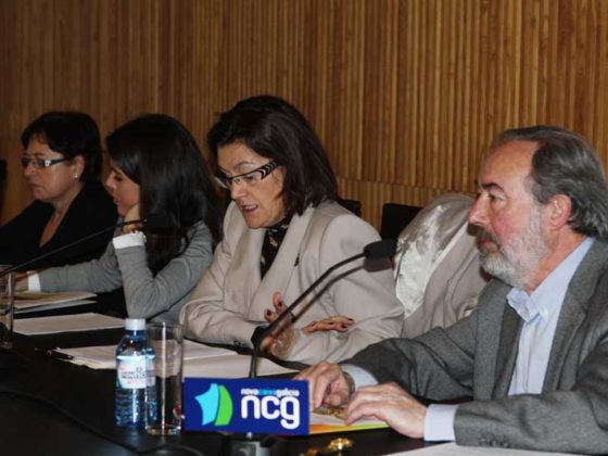 As representantes de BNG, PPdeG e PSdeG-PSOE, e o presidente do Fondo Galego, Alfredo Novoa.